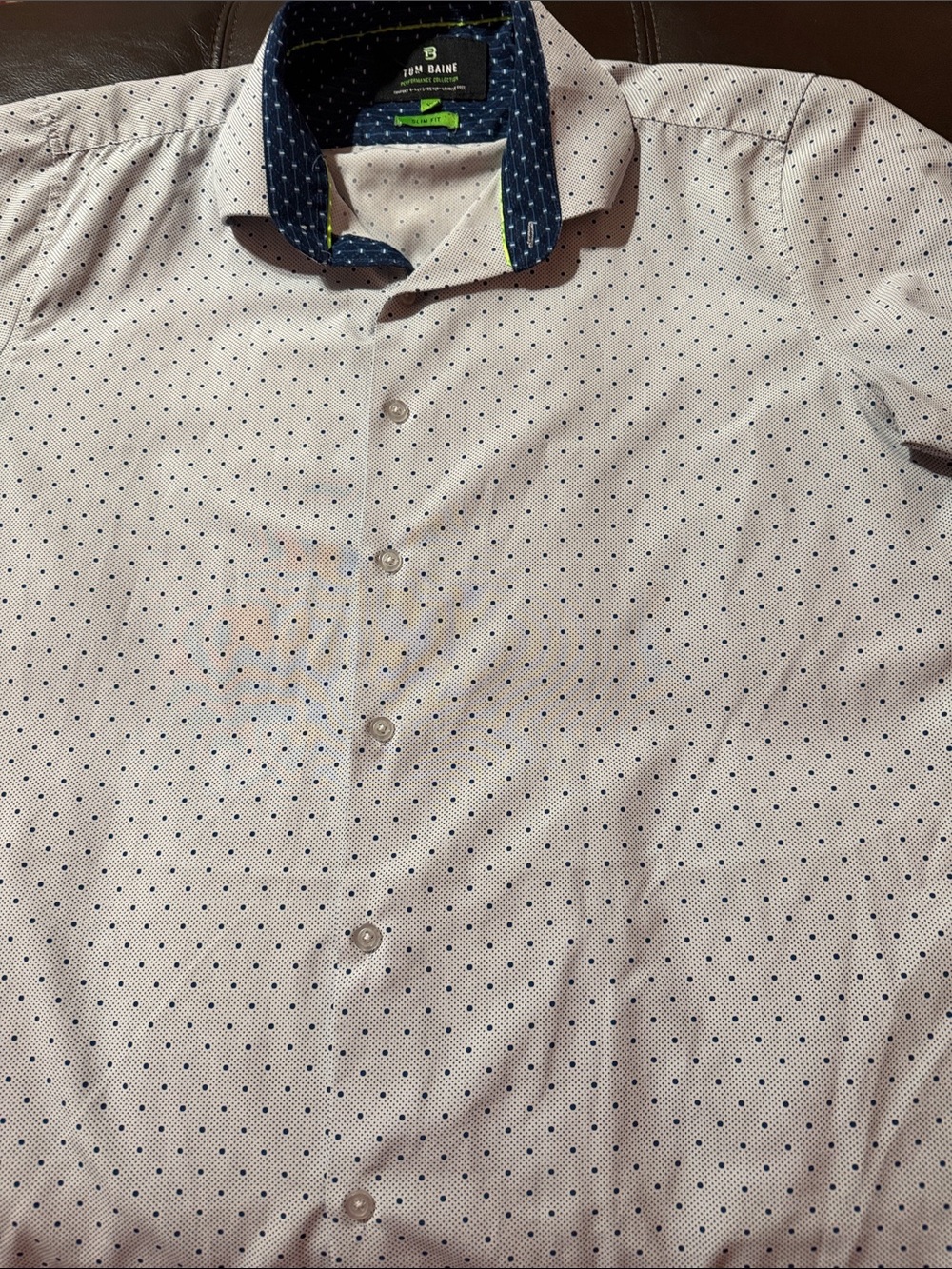 Men's White Microdot Button-Down Shirt with Navy Contrast Collar